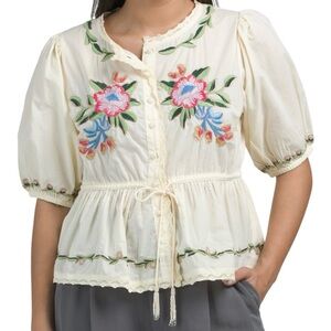 Jennifer & Grace  Cream Embroidered Blouse with Floral Accents size M NWT
